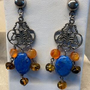 Sterling silver. Lapis amber and carnelian drop earrings